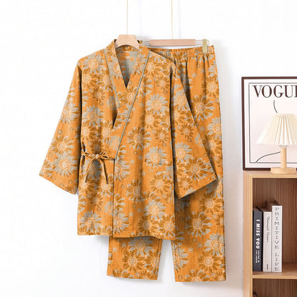 Retro Sunflower Cotton Kimono Pajama Set