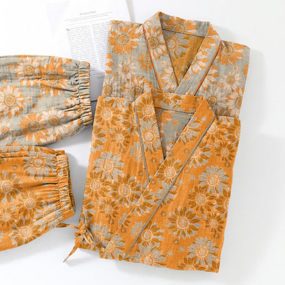 Retro Sunflower Cotton Kimono Pajama Set