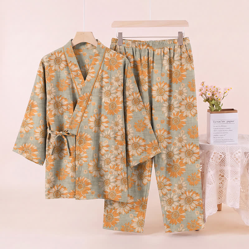 Retro Sunflower Cotton Kimono Pajama Set