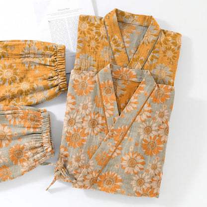 Retro Sunflower Cotton Kimono Pajama Set