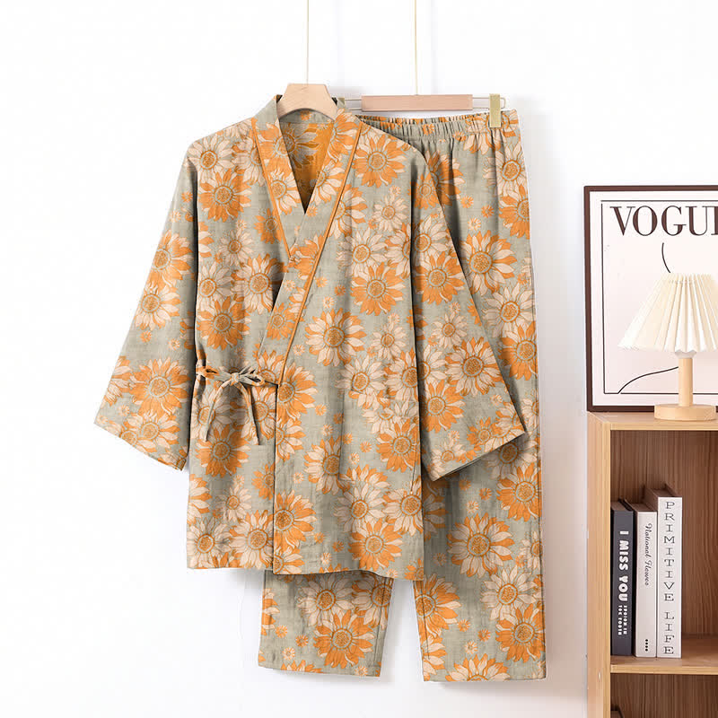 Retro Sunflower Cotton Kimono Pajama Set