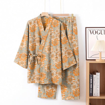 Retro Sunflower Cotton Kimono Pajama Set