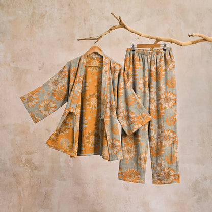 Retro Sunflower Cotton Kimono Pajama Set