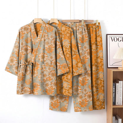 Retro Sunflower Cotton Kimono Pajama Set