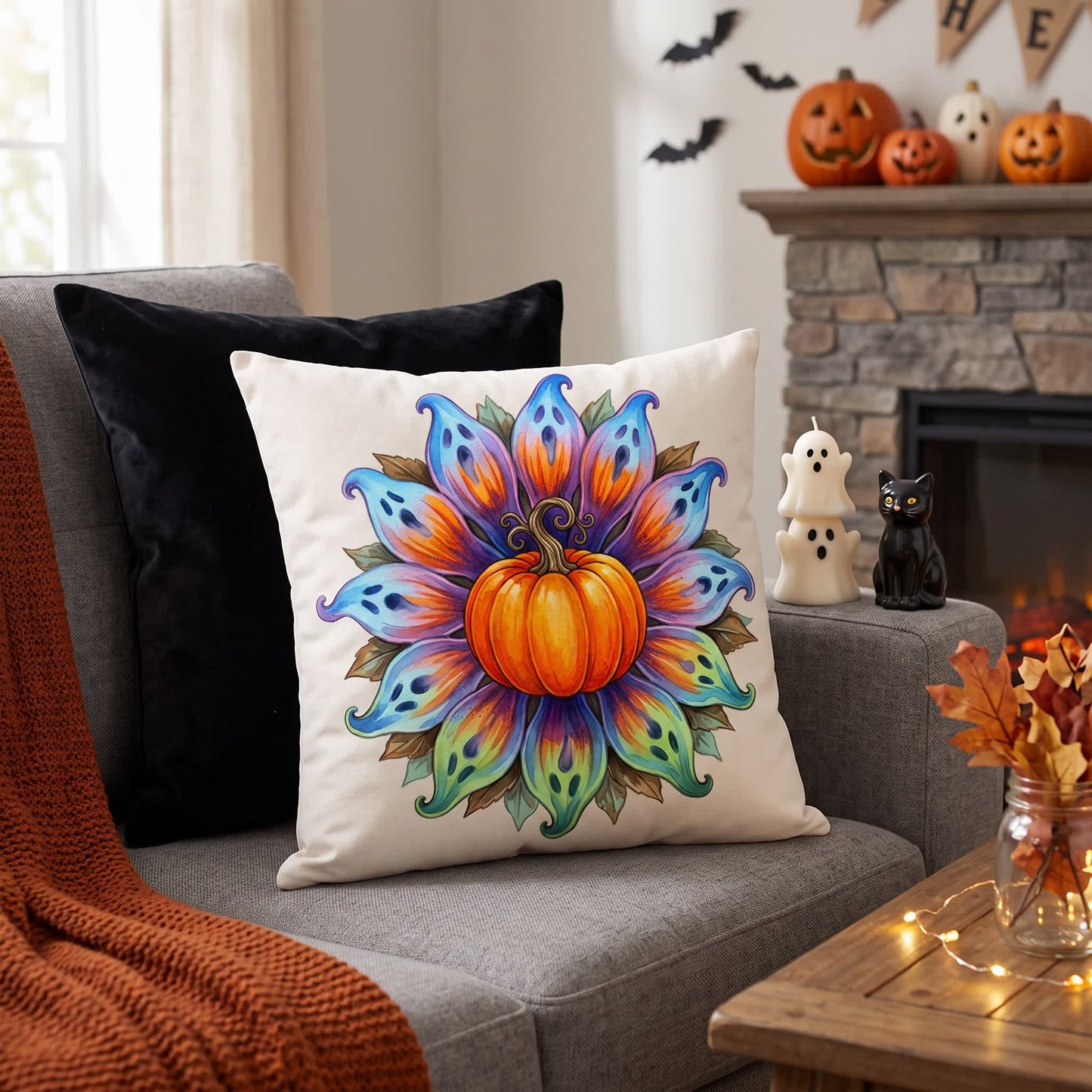 Halloween Pumpkin Flower Throw Pillow Cover