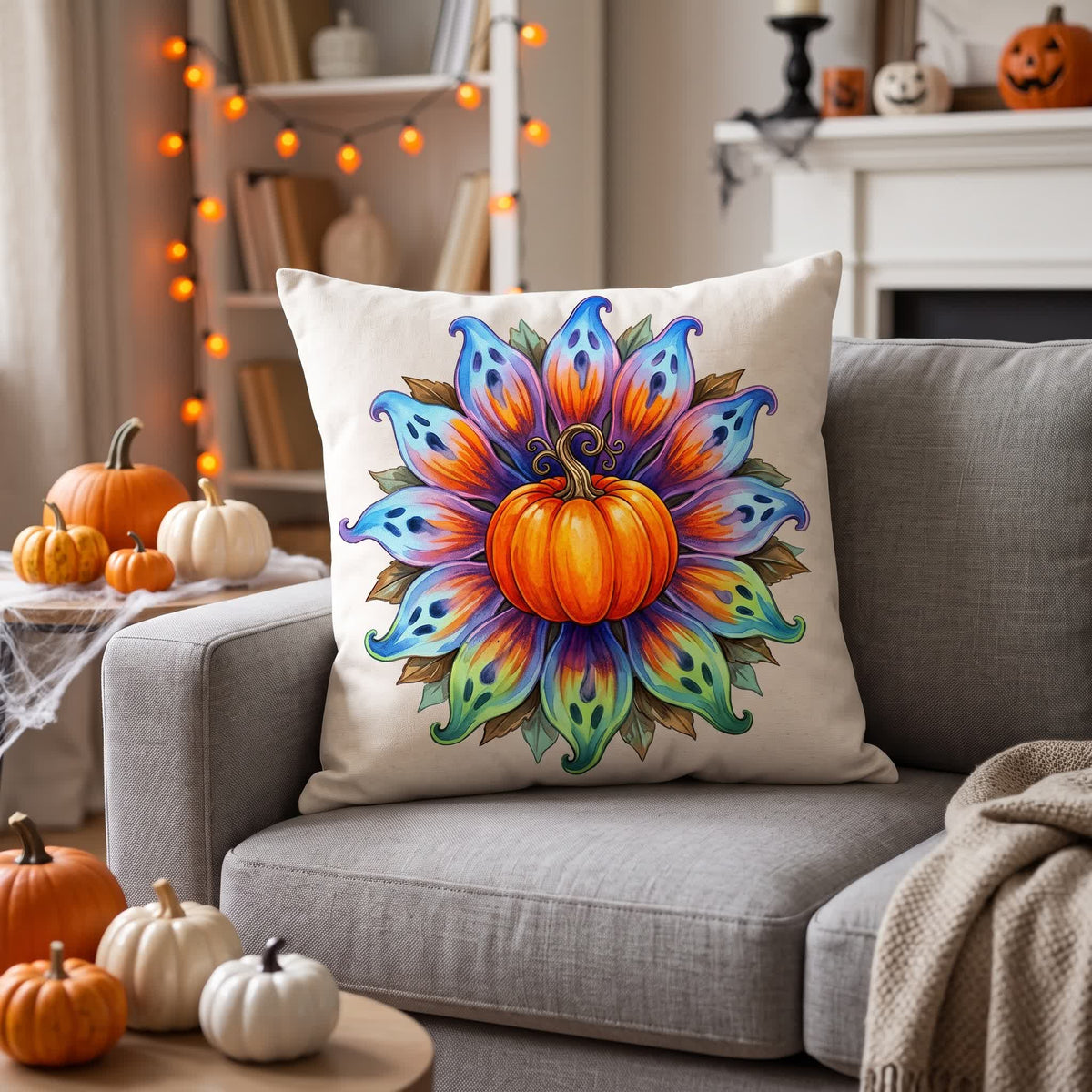Halloween Pumpkin Flower Throw Pillow Cover