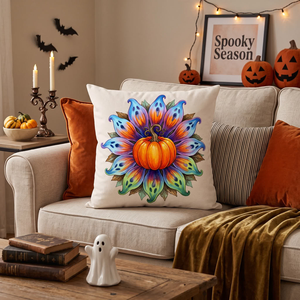 Halloween Pumpkin Flower Throw Pillow Cover