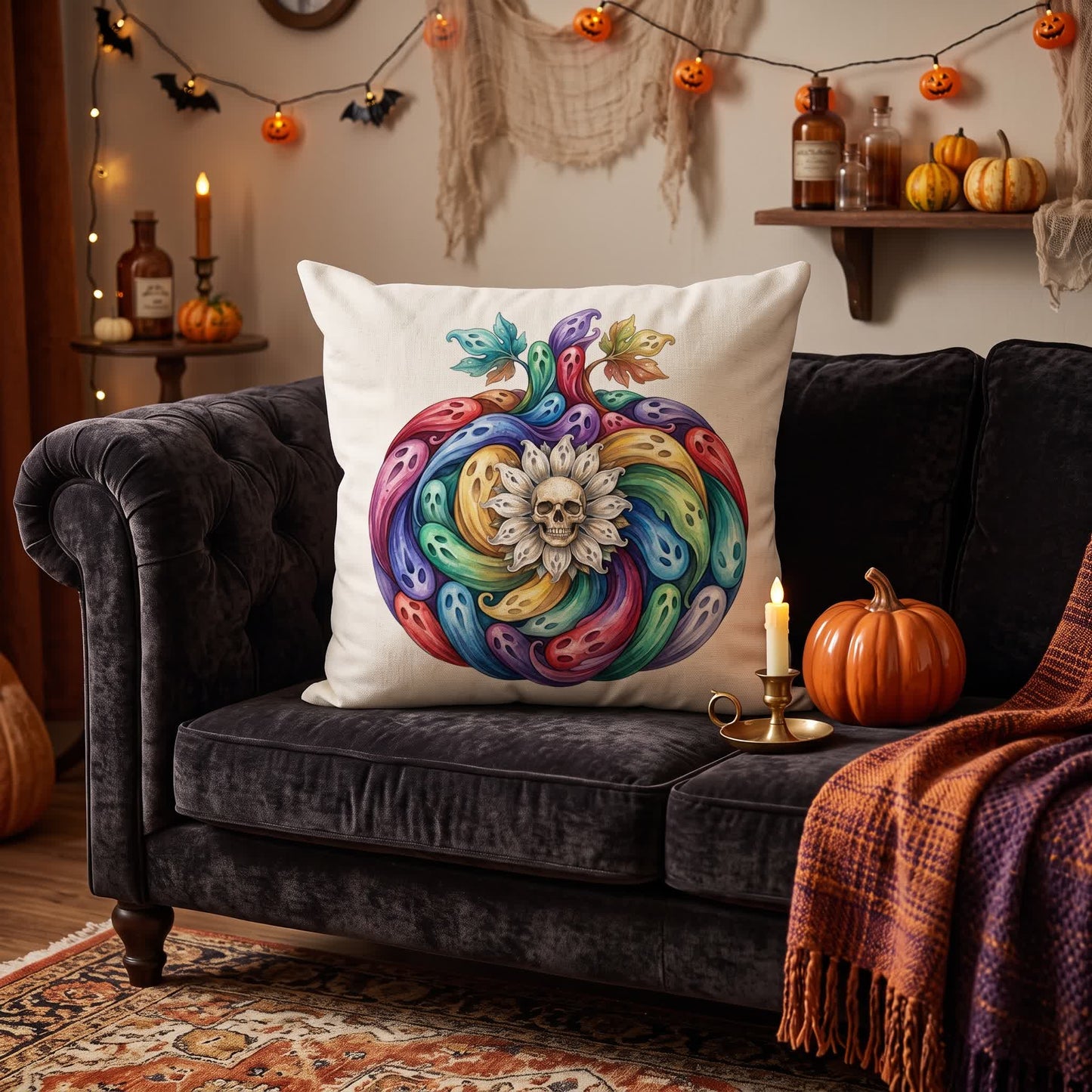Rainbow Ghost Pumpkin Halloween  Pillow Cover