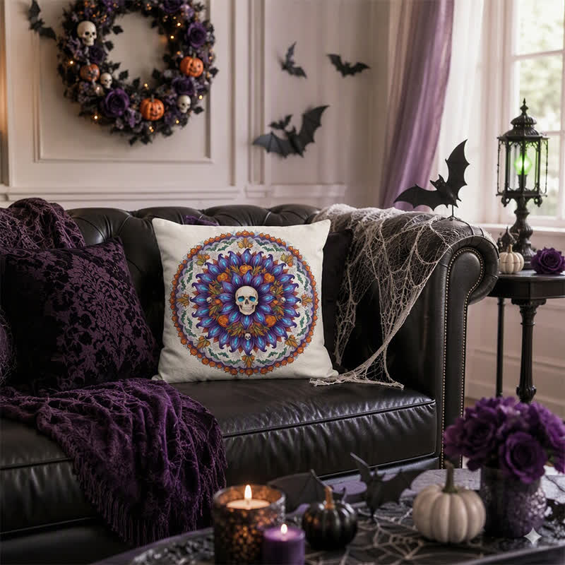 Halloween Gothic Skull Mandala Throw Pillow Cover
