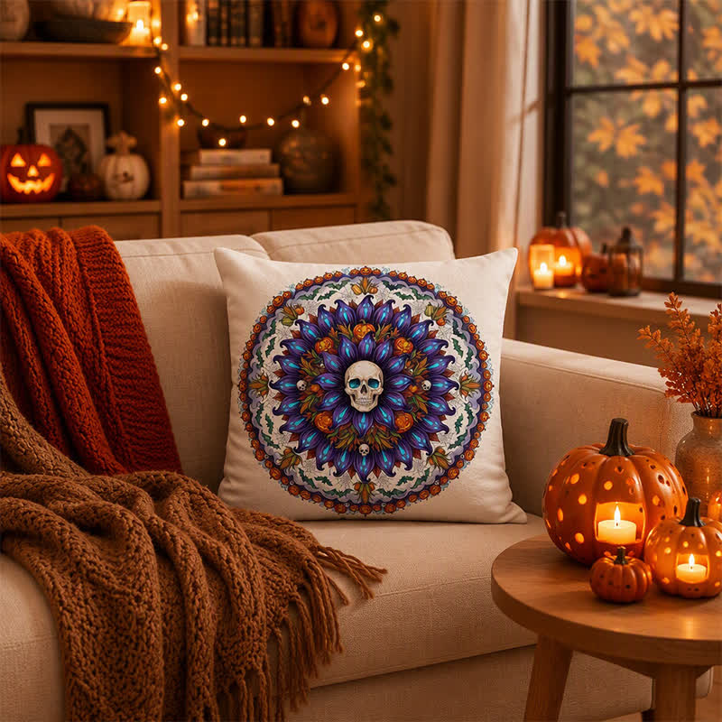 Halloween Gothic Skull Mandala Throw Pillow Cover