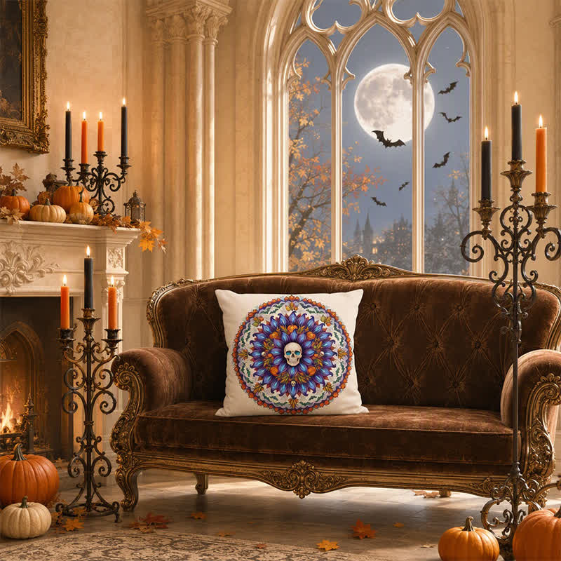 Halloween Gothic Skull Mandala Throw Pillow Cover