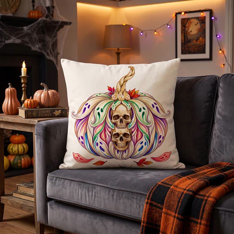 Mystical Twin Skull Pumpkin Throw Pillow Cover