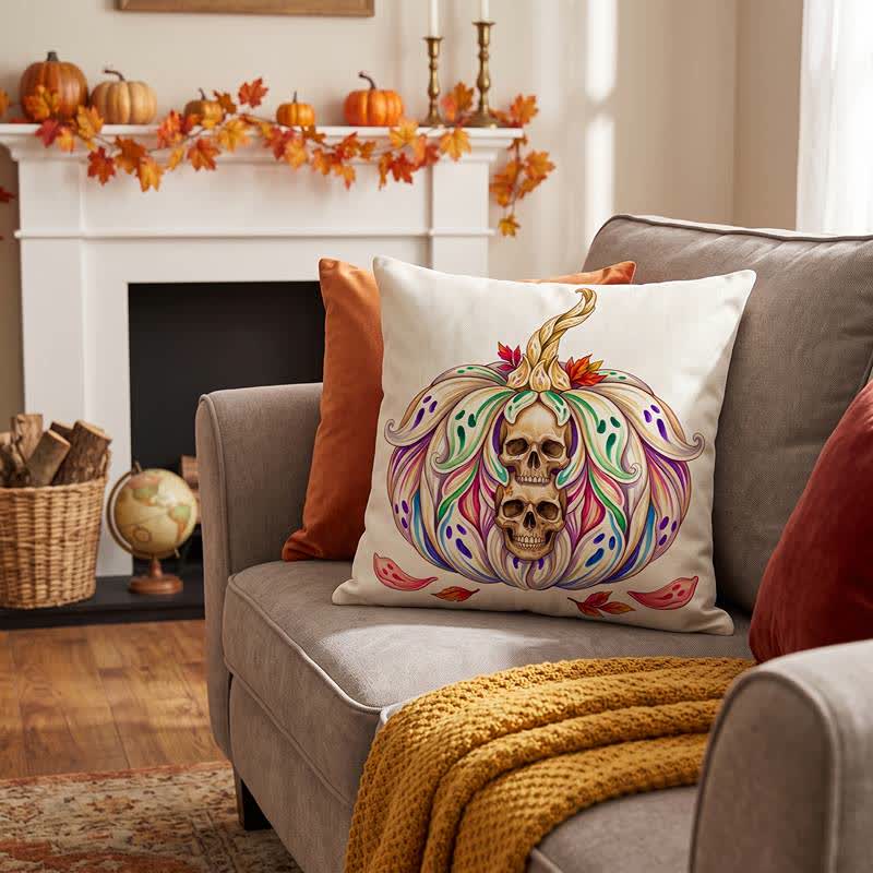Mystical Twin Skull Pumpkin Throw Pillow Cover
