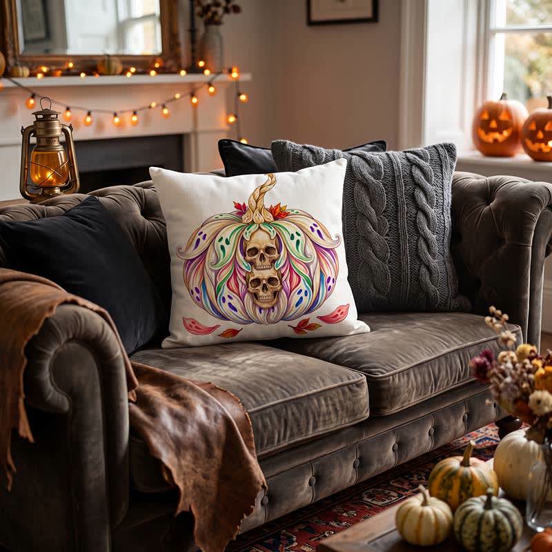 Mystical Twin Skull Pumpkin Throw Pillow Cover