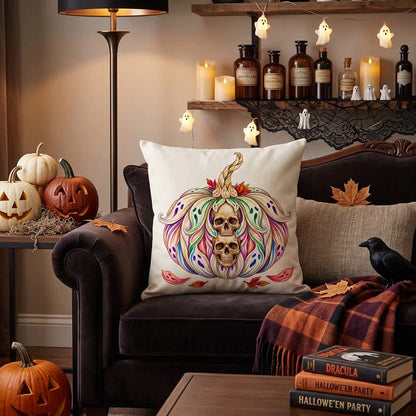 Mystical Twin Skull Pumpkin Throw Pillow Cover