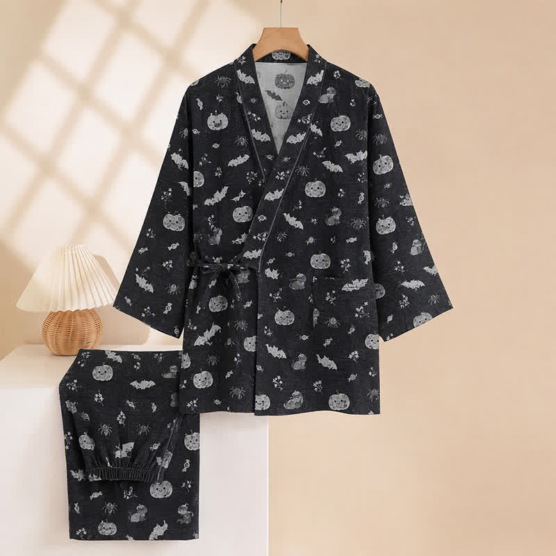 Halloween Bat Pumpkin Cotton Kimono Pajama Set