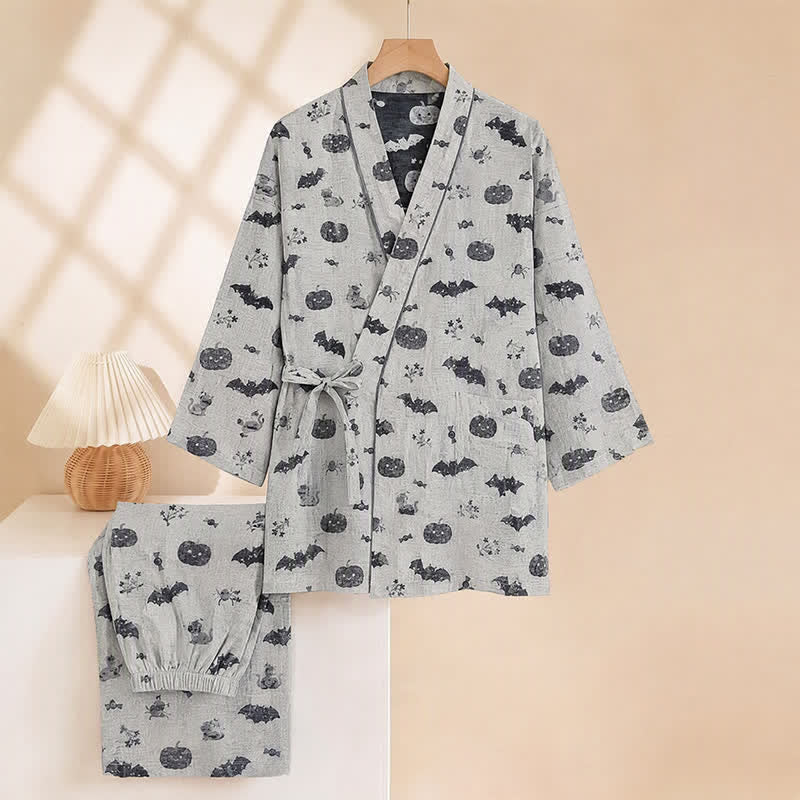 Halloween Bat Pumpkin Cotton Kimono Pajama Set
