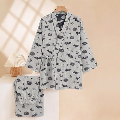 Halloween Bat Pumpkin Cotton Kimono Pajama Set