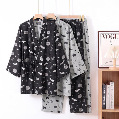 Halloween Bat Pumpkin Cotton Kimono Pajama Set