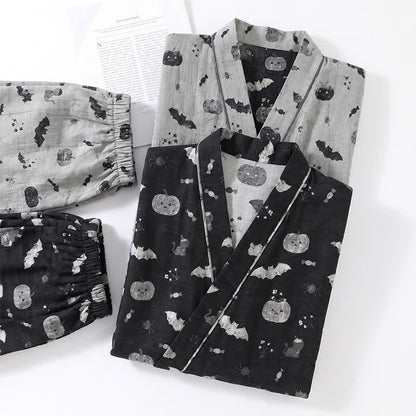 Halloween Bat Pumpkin Cotton Kimono Pajama Set