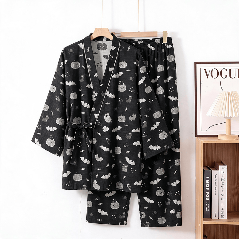 Halloween Bat Pumpkin Cotton Kimono Pajama Set