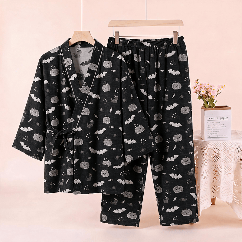 Halloween Bat Pumpkin Cotton Kimono Pajama Set