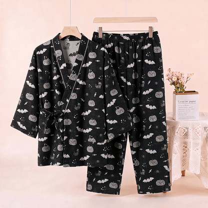 Halloween Bat Pumpkin Cotton Kimono Pajama Set