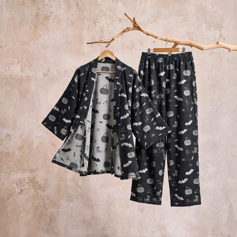 Halloween Bat Pumpkin Cotton Kimono Pajama Set