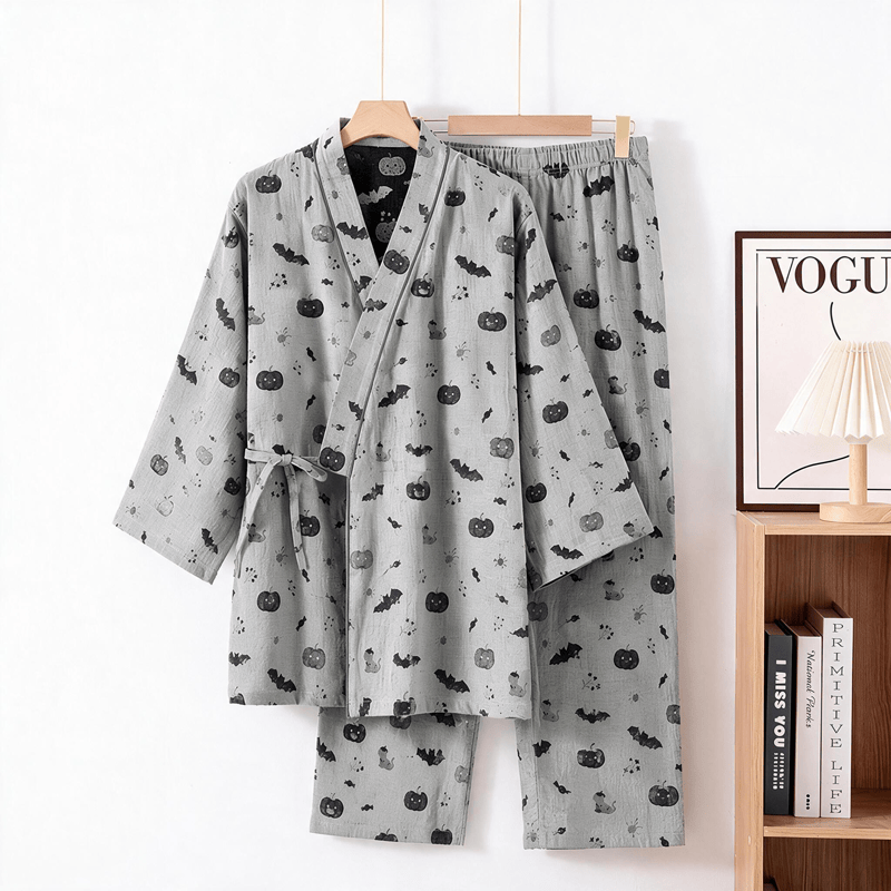 Halloween Bat Pumpkin Cotton Kimono Pajama Set