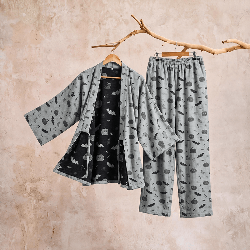 Halloween Bat Pumpkin Cotton Kimono Pajama Set