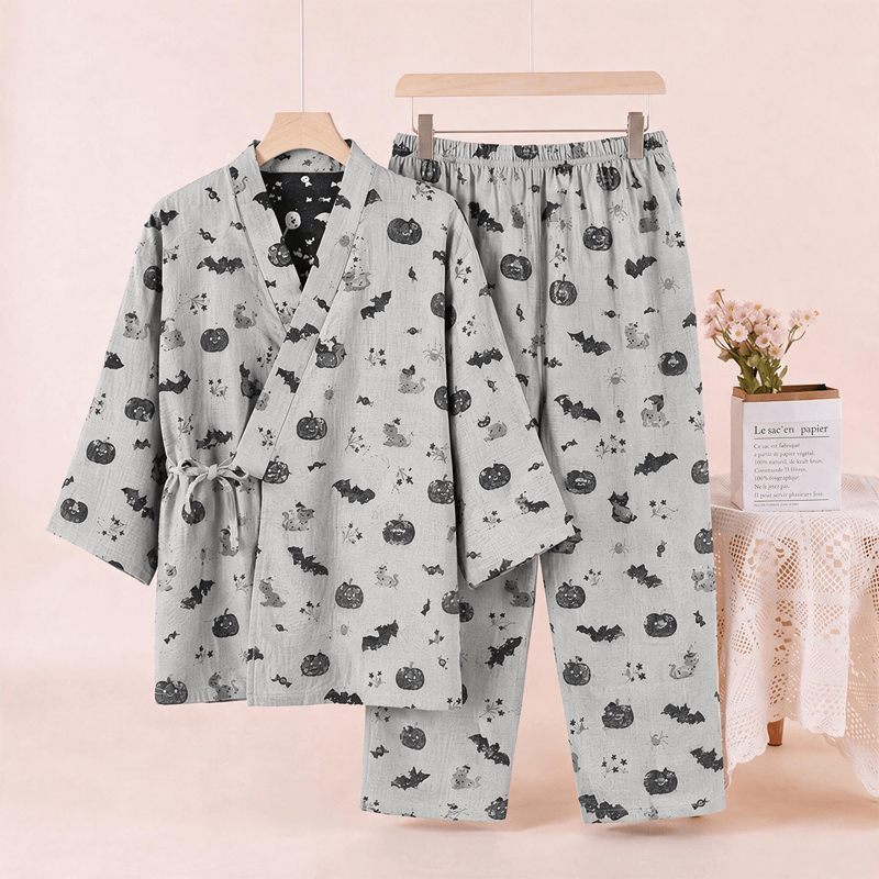 Halloween Bat Pumpkin Cotton Kimono Pajama Set