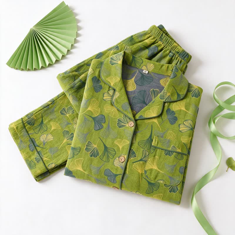 Nature‑Inspired Ginkgo Leaf Cotton Loungewear Set