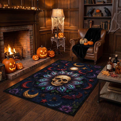 Celestial Gothic Skull Mandala Area Rug
