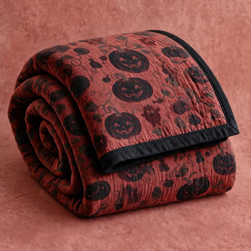Burgundy Pumpkin Halloween Reversible Cotton Blanket