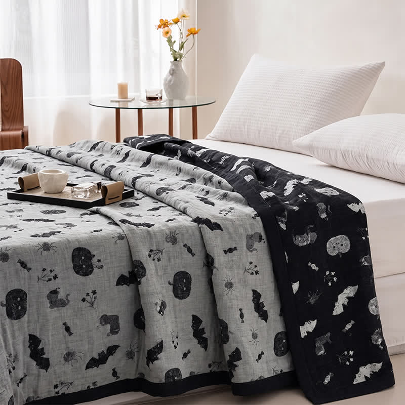 Cute Halloween Pumpkin Bat Reversible Cotton Blanket