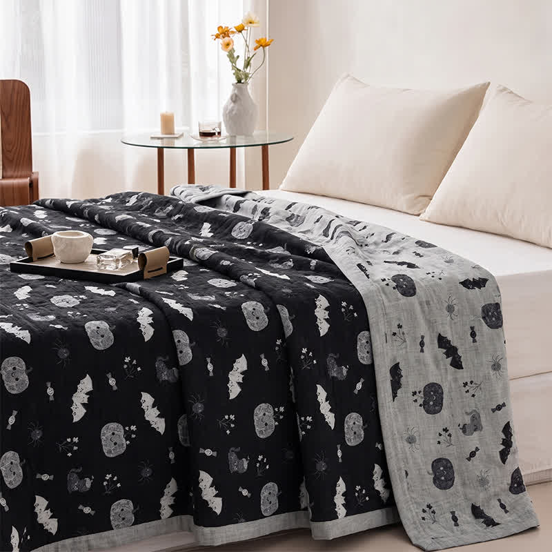 Cute Halloween Pumpkin Bat Reversible Cotton Blanket