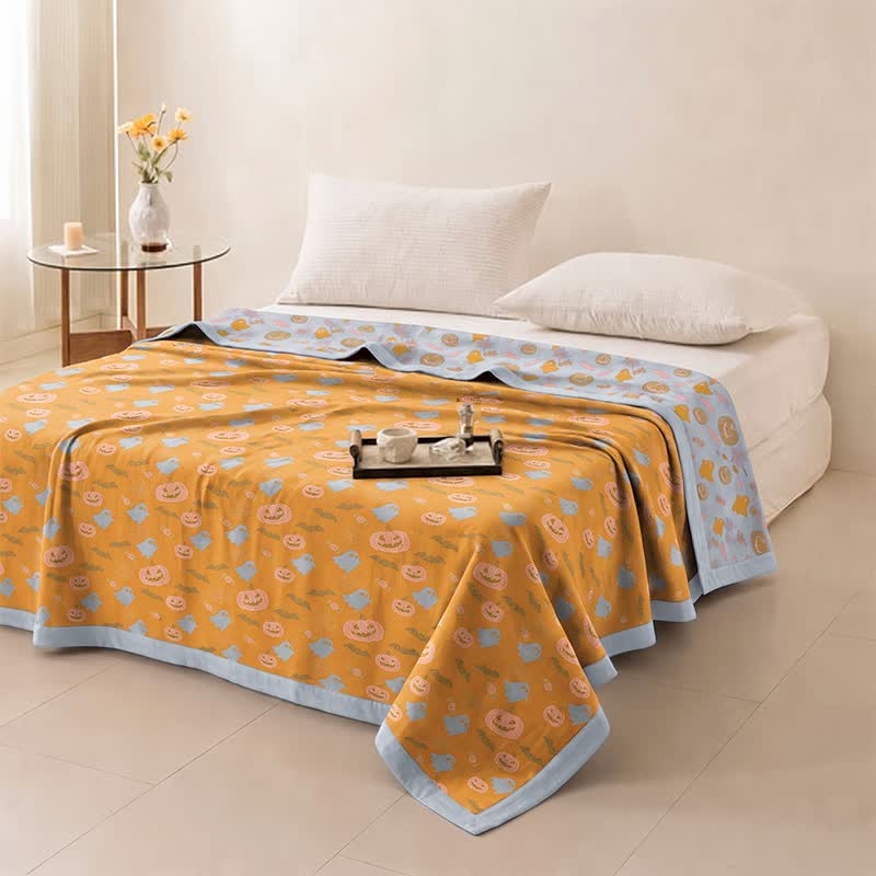 Reversible Halloween Pumpkin Ghost Cotton Blanket
