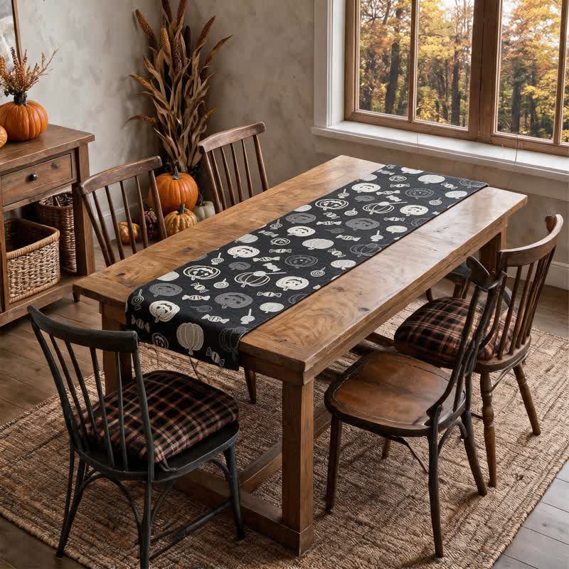Black Halloween Pumpkin & Candy Cotton Table Runner