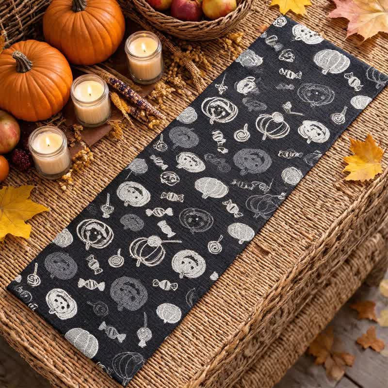 Black Halloween Pumpkin & Candy Cotton Table Runner