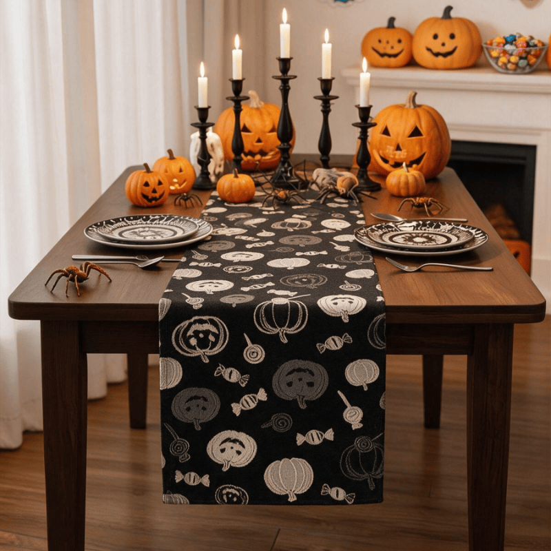 Black Halloween Pumpkin & Candy Cotton Table Runner