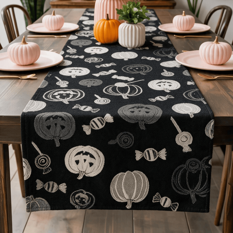 Black Halloween Pumpkin & Candy Cotton Table Runner