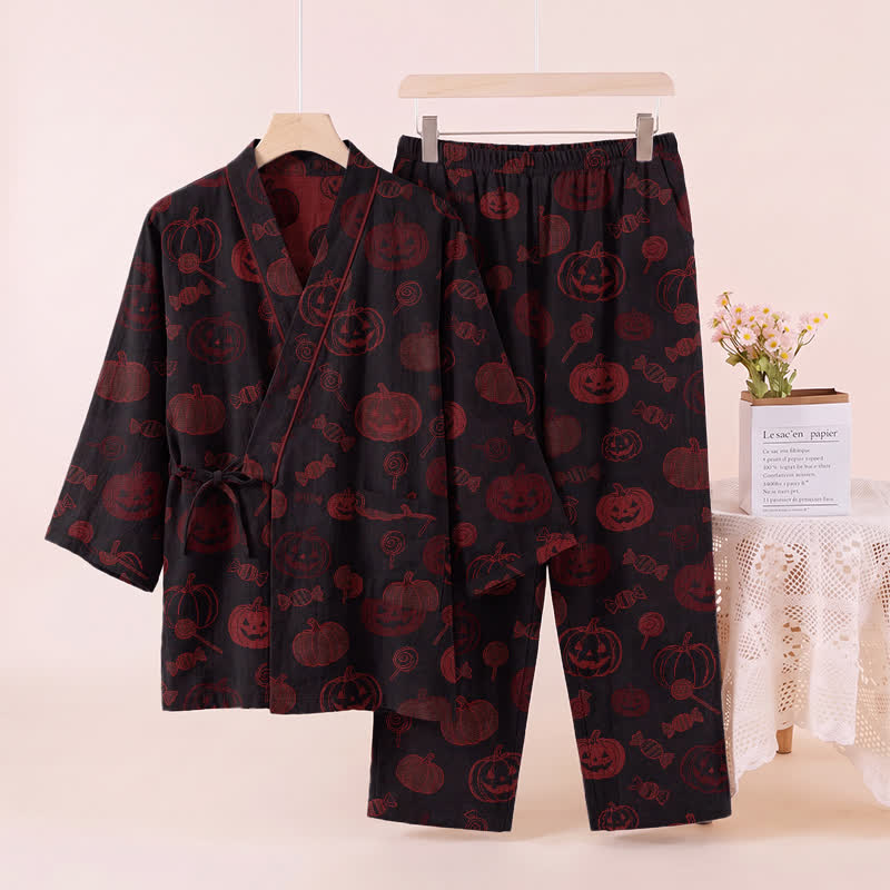 Halloween Pumpkin Candy Cotton Kimono Pajama Set