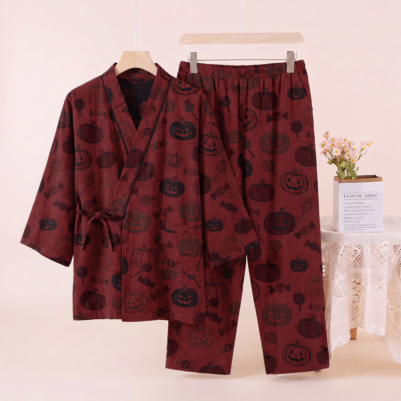 Halloween Pumpkin Candy Cotton Kimono Pajama Set