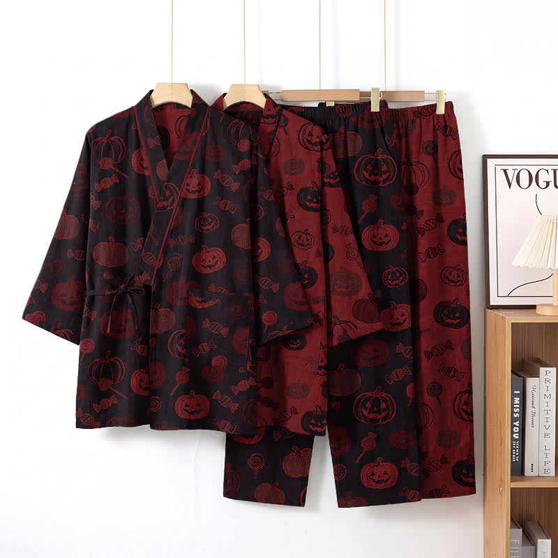 Halloween Pumpkin Candy Cotton Kimono Pajama Set