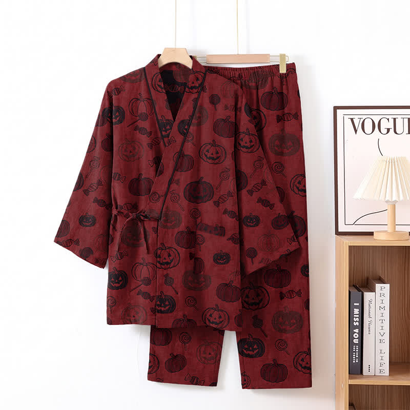 Halloween Pumpkin Candy Cotton Kimono Pajama Set