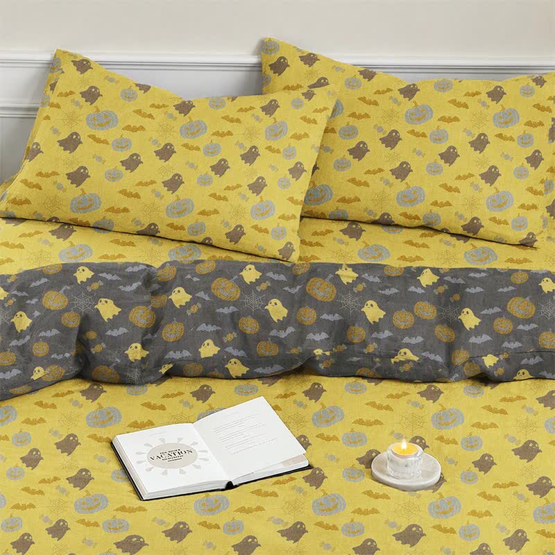 Multi‑Color Pumpkin Ghost Cotton Bedding Set