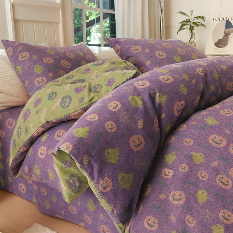 Multi‑Color Pumpkin Ghost Cotton Bedding Set