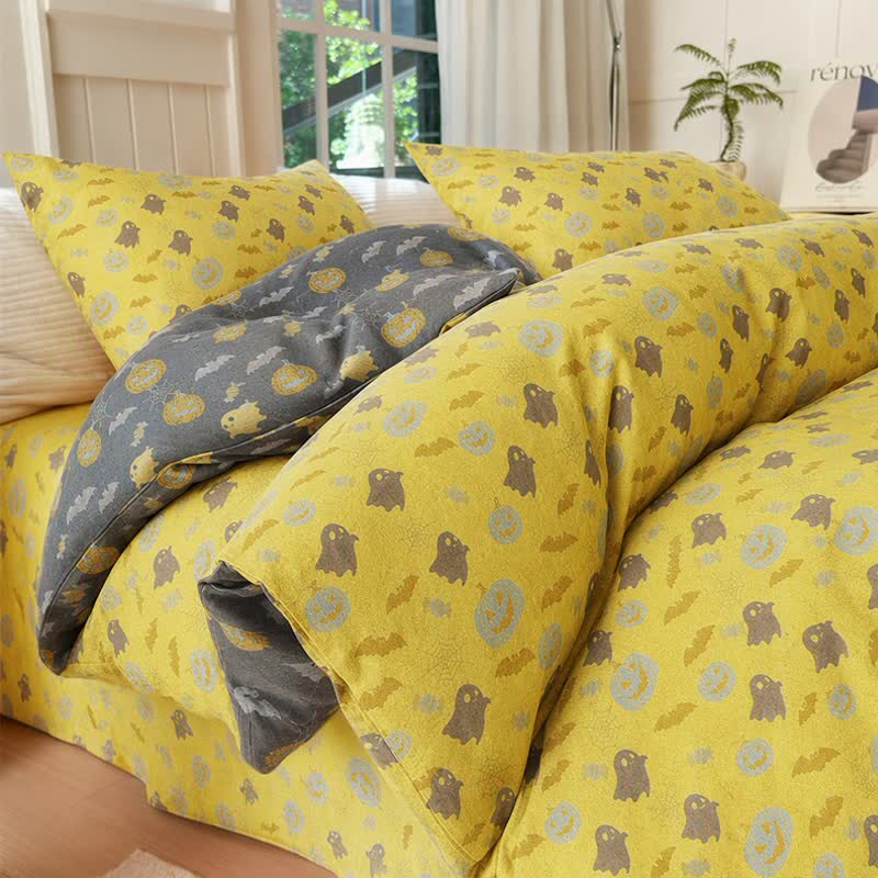 Multi‑Color Pumpkin Ghost Cotton Bedding Set