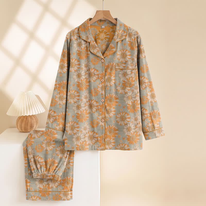 Retro Sunflower Cotton Loungewear Pajama Set