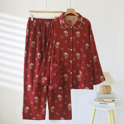 Vintage Mushroom Print Cotton Loungewear Set